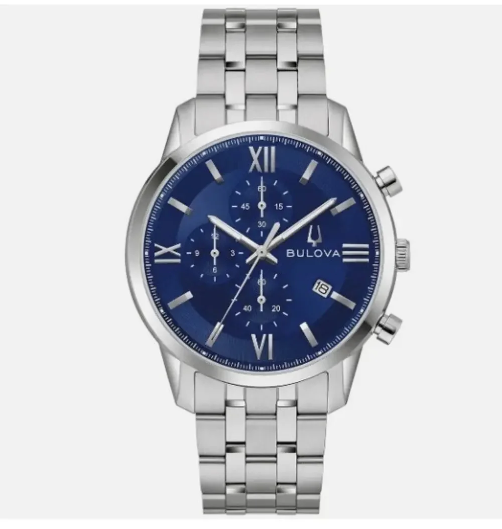Bulova Sutton Chronograph Blue Dial Stainless Steel Men's 41mm Watch 96B476